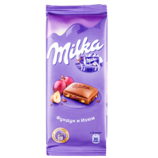 Milka шоколад молочный с фундуком и изюмом, 90 г